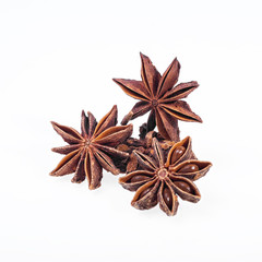 Cinnamon, anise and cloves on white background