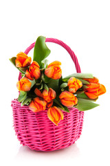 Fototapeta na wymiar Orange tulips in pink basket