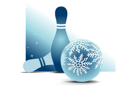 Bowling christmas ball with two skittles on blue background