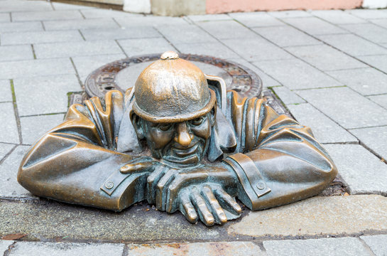 Street statue in Bratislava called Cumil, Slovakia