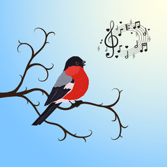 Singing bullfinch bird on a tree branch