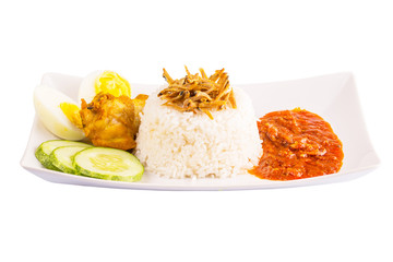 Nasi lemak a traditional and popular Malaysian spicy rice dish.
