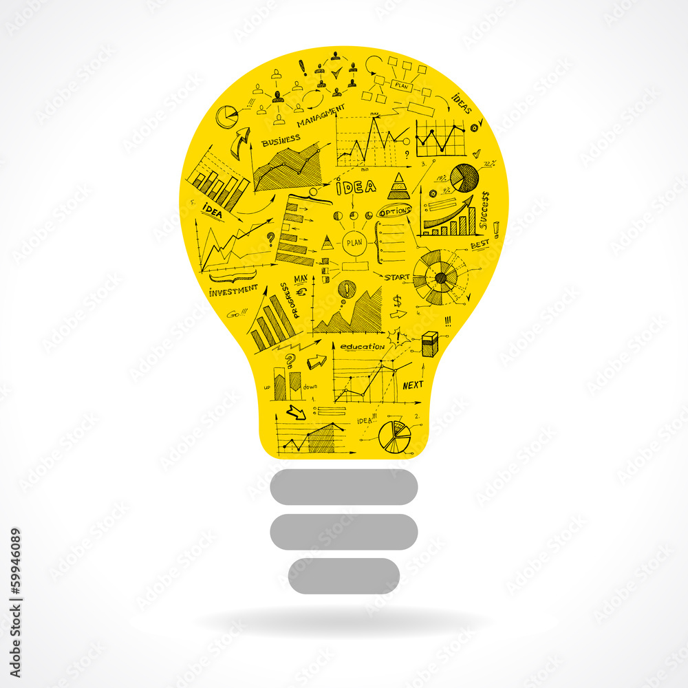 Sticker Doodle idea lightbulb icon with infographics charts