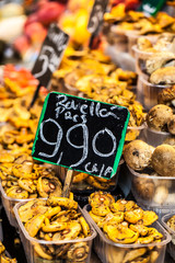 Fototapeta premium Mushrooms at a stand in the Boqueria Market,Barcelona,Spain