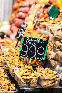 Mushrooms at a stand in the Boqueria Market,Barcelona,Spain