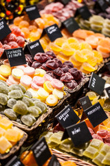 Market stall full of candys in La Boqueria Market.Barcelona