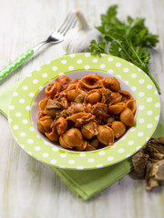 pasta with tomatoes and dried cep mushroom, selective focus