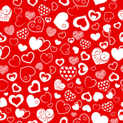 Seamless pattern of hearts, white on red