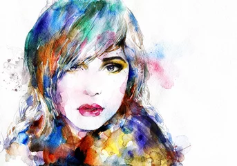 Zelfklevend Fotobehang Aquarel portret Mooi vrouwengezicht. aquarel illustratie