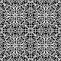 White lace ornament on black, seamless pattern