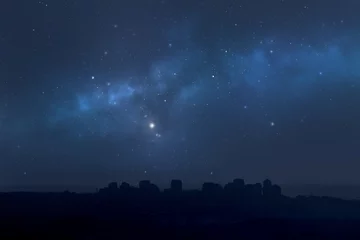 Poster City landscape at night with star filled sky, nebula and galaxy © pixel