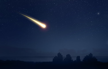 Obraz na płótnie Canvas Meteor comet over the nigt sky city landscape