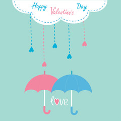 Cloud with hanging rain drops and two umbrellas. Happy Valentine