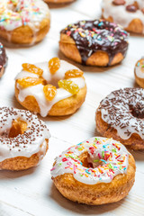 Freshly baked colorful donuts