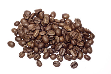 Roasted brown coffee beans isolated on white background