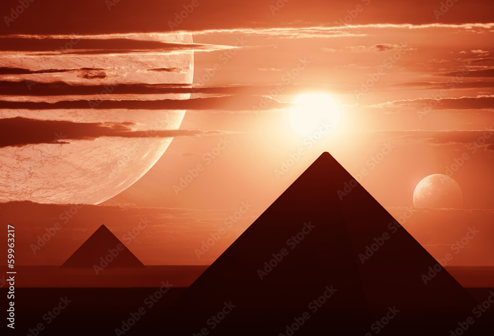 Canvas Prints distant world with several planets and egyptian style pyramids