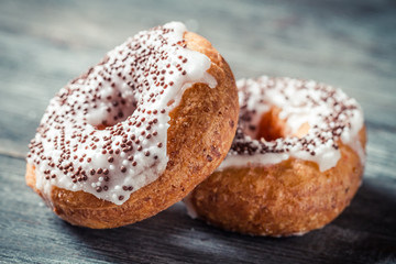 Closeup of donuts with chocolate glaze