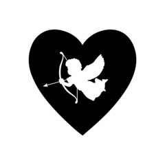 Valentine card with black silhouette of angel and heart