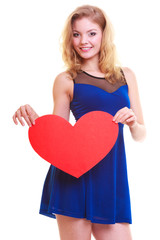 Red heart. Love symbol. Woman hold Valentine day symbol.