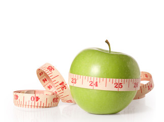 Green apples measured the meter on  white