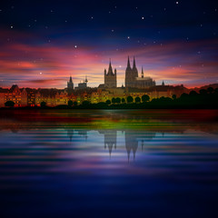 abstract background with silhouette of cologne and sunrise