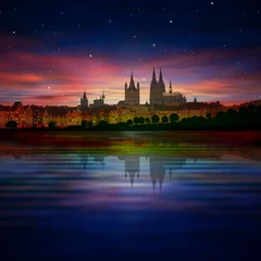 abstrakter hintergrund mit silhouette von köln und sonnenaufgang © lembit