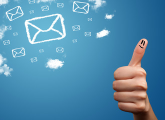 Happy smiley fingers looking at mail icons made out of clouds