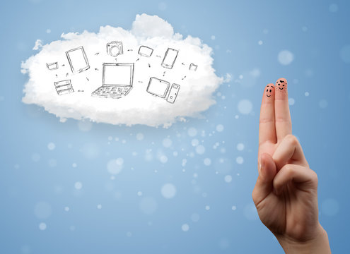 Happy smiley fingers looking at cloud computing with technology
