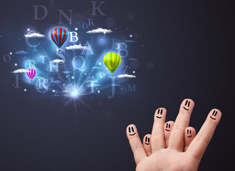 Happy smiley fingers looking at hot air balloons in the cloudy s