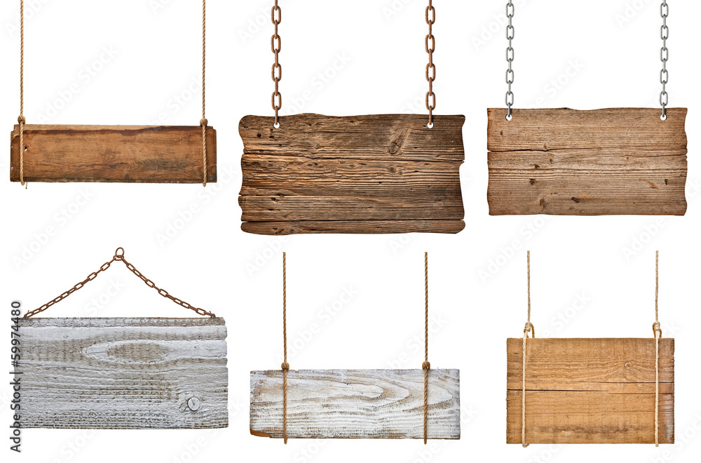 Wall mural wooden sign background message rope chain hanging