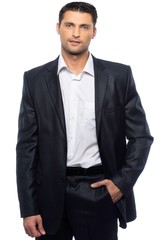 Handsome young man in black suit and white shirt 