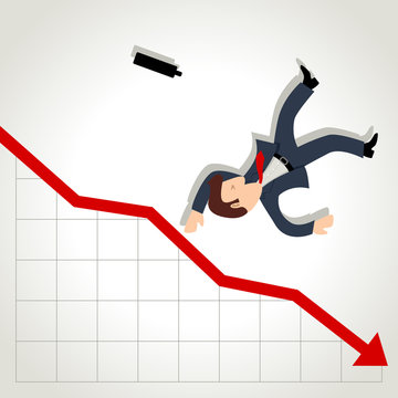 Simple cartoon of a man figure falling down from graphic chart