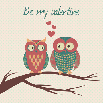 Vector colorful illustration with two owls in love