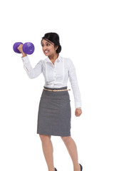 Asian businesswoman holding a dumbbell