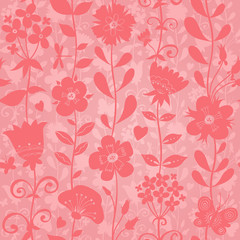 Pink seamless pattern with flowers, butterflies and dragonflies.