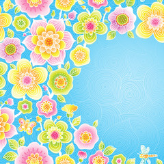 Bright floral pattern with butterfly on blue background.