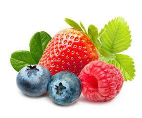 Raspberry, Strawberry and Blueberry Isolated on White Background