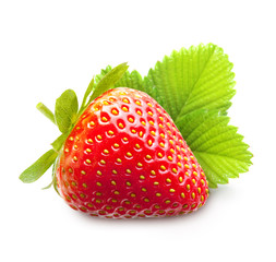 Strawberries macro with leaves isolated on white