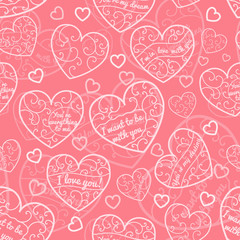 Seamless pattern of hearts, white on pink