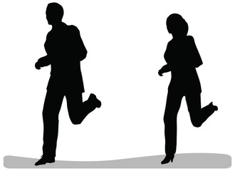 business man and woman running isolated on white background