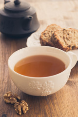 Fruit and nut cake and cup of tea