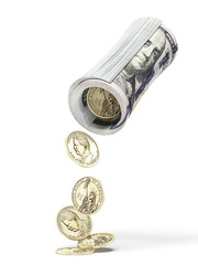 Roll of dollar notes and coins