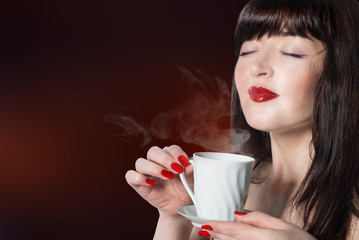 Beautiful Girl with Cup aromatic Coffee