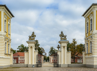 Fototapeta na wymiar Buildings of stables and entrance to Rundale Palace, Latvia