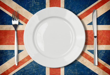 Plate, fork and kinife one grunge UK flag