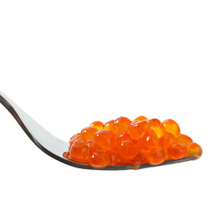 Red caviar on a fork isolated on white background