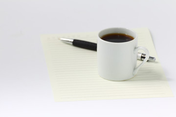 Blank  paper and  black coffee cup on white background