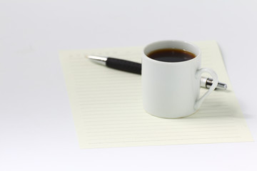 Obraz na płótnie Canvas Blank paper and black coffee cup on white background