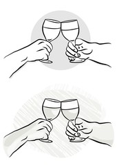 kieliszki do wina w dłoniach toast święto ilustracja monochrom