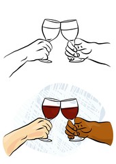 kieliszki do wina w dłoniach toast święto ilustracja kolor